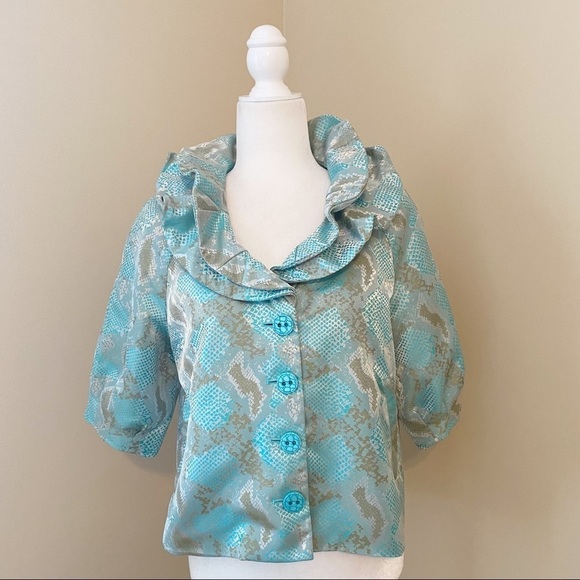 Samuel Dong Double Ruffle Neck Puff Sleeve Jacket - M - Picture 16 of 16